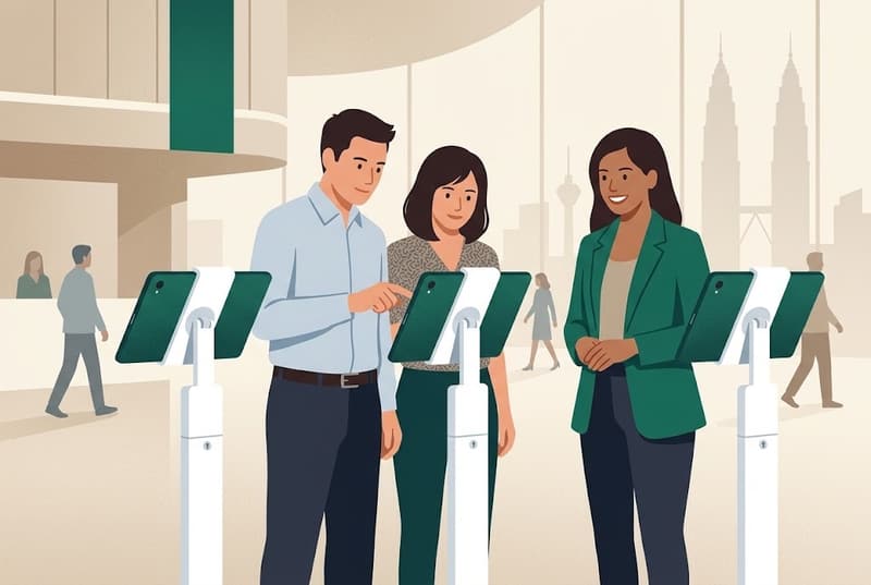 Illustration of three guests checking in on iPads mounted on white locking floor stands at an exhibition hall in Kuala Lumpur