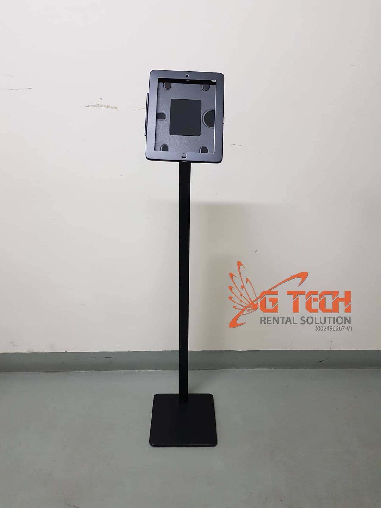 Black iPad floor stand with square base, front view