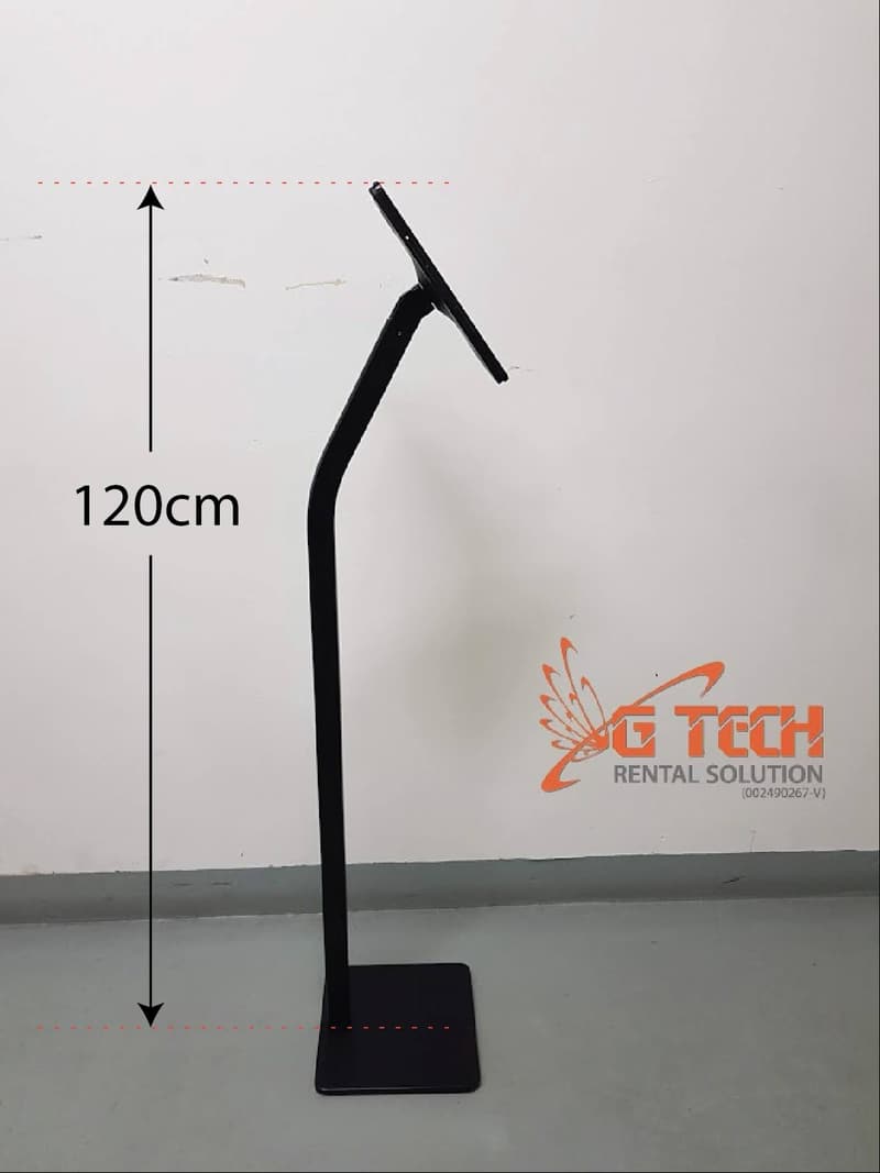 iPad floor stand photographed against a wall with its height marked as 120 centimetres